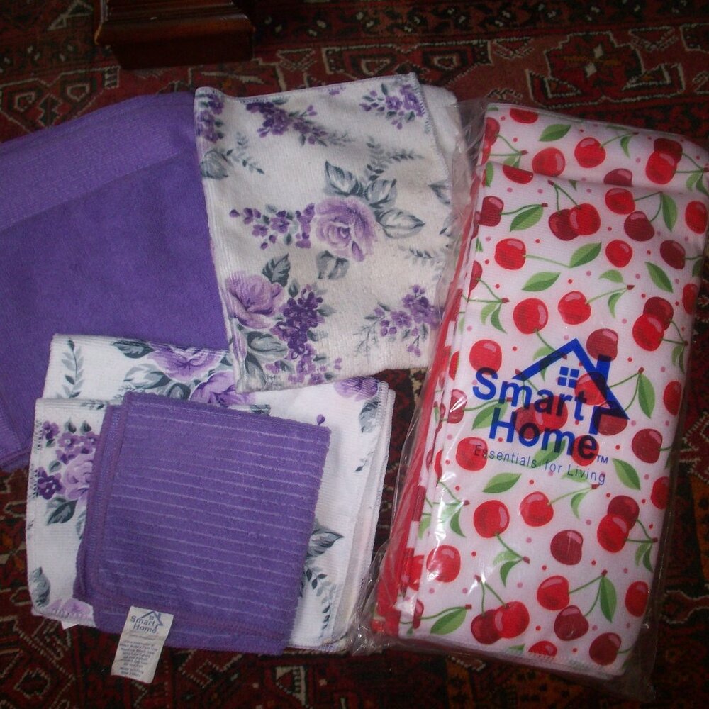 Drying Mat & Microfiber Towels Kitchen Set 10 Pc Cherries+ Purple Floral Spring